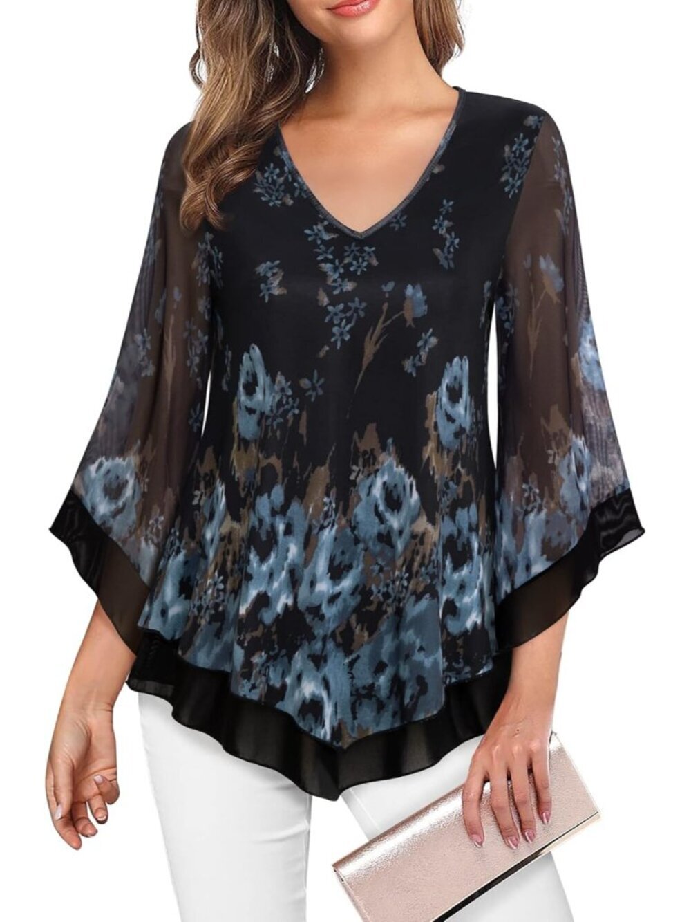 Women's Mesh Shirt Blue Double Layer Ruffle 3/4 Flared Sleeve Blouse Tunic Top